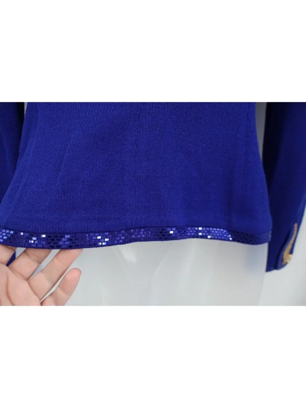 St. John Evening Blazer Size 2 Royal Blue Santana Knit Gold Sequin Trim Button - Picture 11 of 15